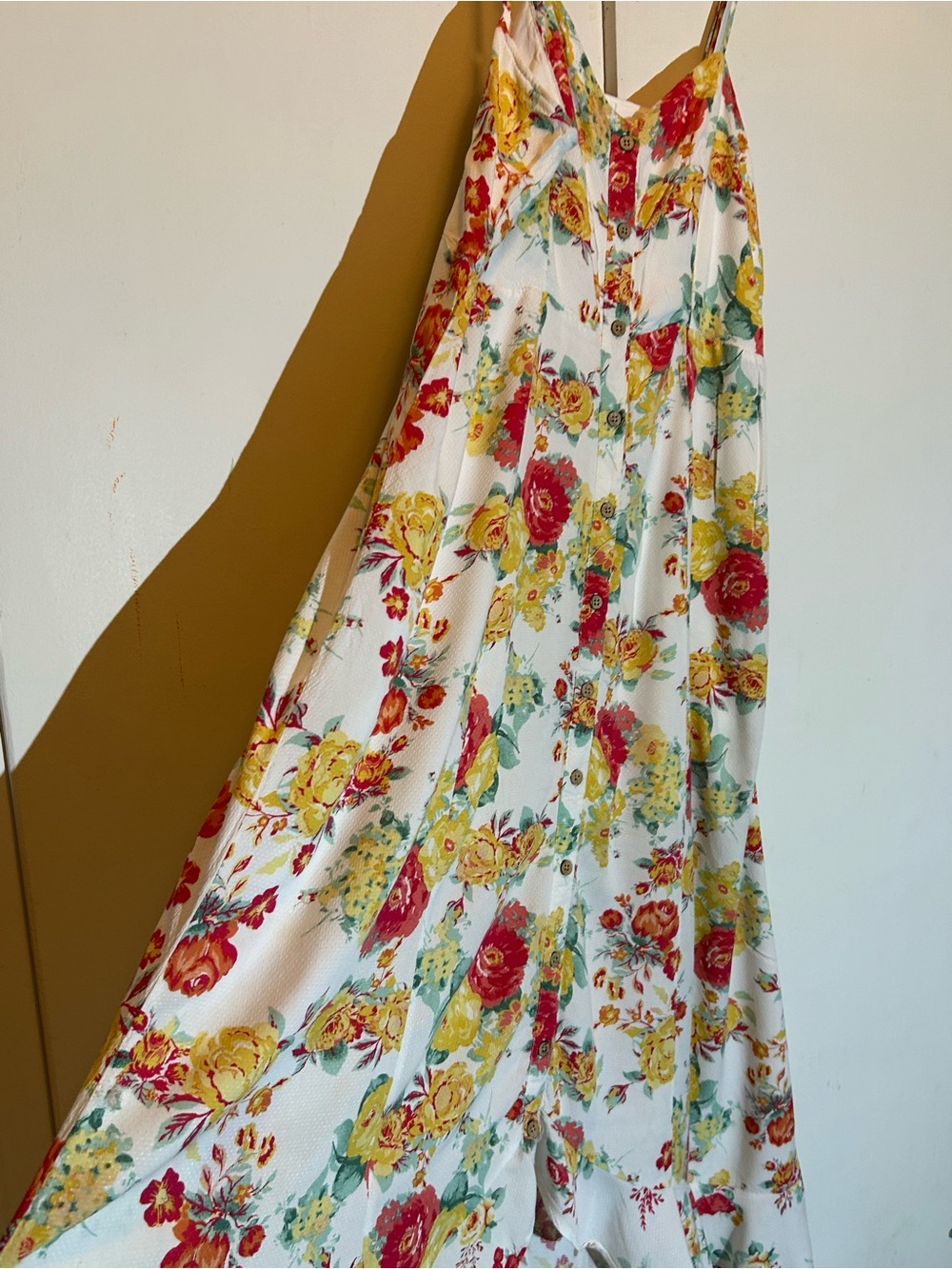 White Floral Spaghetti-Strap Maxi Dress with Red & Yellow Blooms - Picture 2 of 9